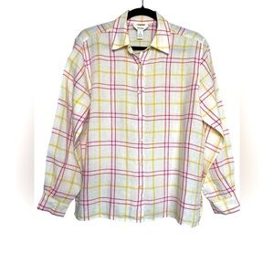 Vintage Talbots Irish LINEN button down pastel pink/yellow plaid flowy shirt SZ8